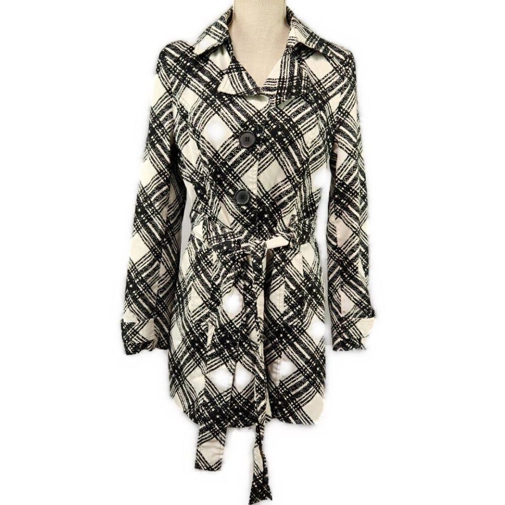 Luii Trench Coat Jacket Womens Size Medium Black White Belted Button Up Light
